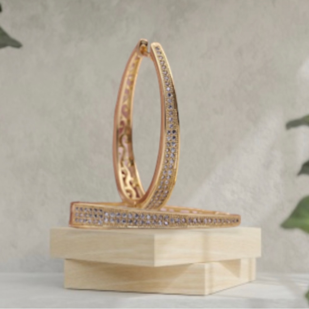 14K Gold Plated Natural White Zircon Two Sided Patterned Hoop Earrings - Picture 6 of 6